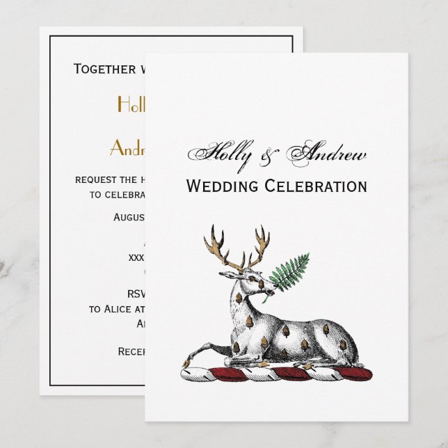 Deer Stag with Fern Heraldic Crest Emblem Invitation (Front/Back)