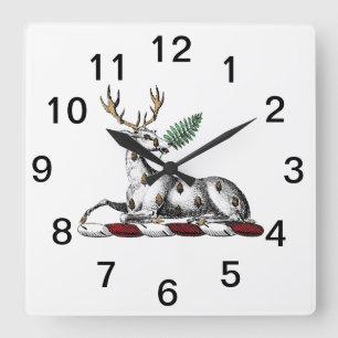 Deer Stag with Fern Heraldic Crest Emblem Square Wall Clock