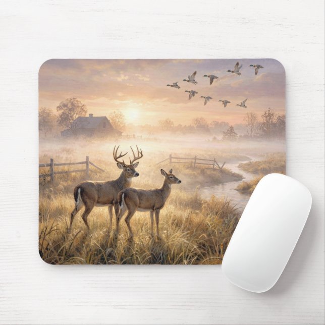 Deer Standing by a River at Dawn Mouse Pad (With Mouse)