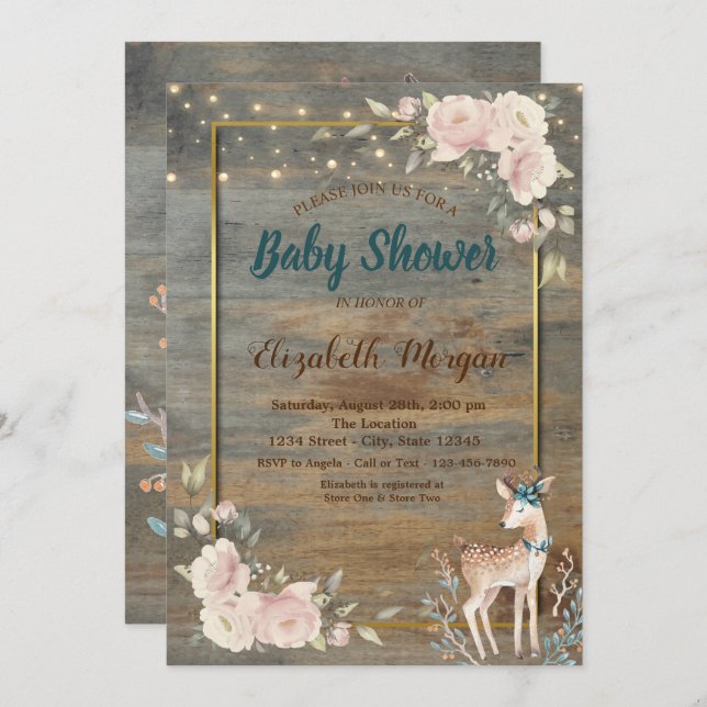 Deer String Lights,Wood Floral Baby Shower   Invitation (Front/Back)