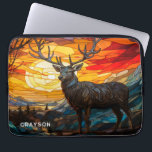 Deer Sunset Woodland Mountains Personalised Name Laptop Sleeve<br><div class="desc">Deer Sunset Woodland Mountains Personalised Name Computer Laptop Sleeve Case features a deer at sunset with trees and mountains in the background in a stained glass effect and personalised with your name in modern script typography. Perfect as a gift for family and friends for birthday, Christmas, holidays, Father's Day, brother,...</div>