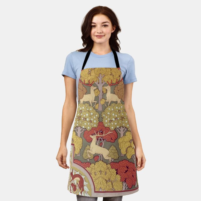 Deer &Tree,Squirrel,Bird,Rowan Berries Art Nouveau Apron (Worn)