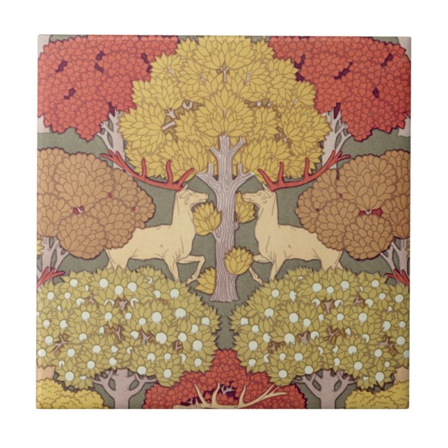 Deer &Tree,Squirrel,Bird,Rowan Berries Art Nouveau Ceramic Tile (Front)