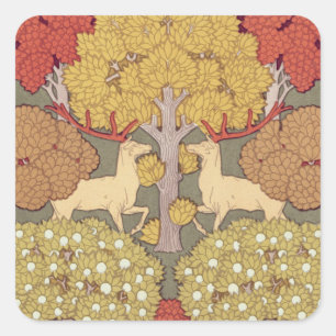Deer &Tree,Squirrel,Bird,Rowan Berries Art Nouveau Square Sticker