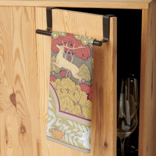 Deer &Tree,Squirrel,Bird,Rowan Berries Art Nouveau Tea Towel