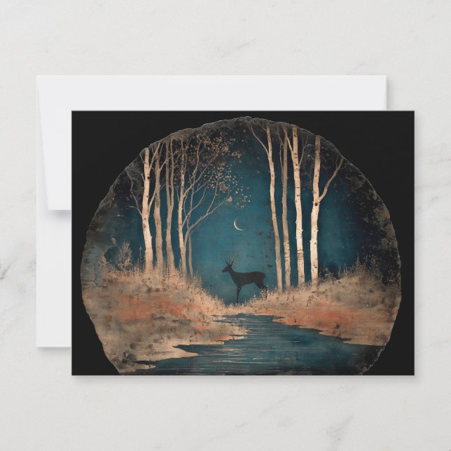 Deer under a crescent moon, northern birch forest (Front)