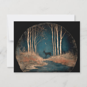 Deer under a crescent moon, northern birch forest