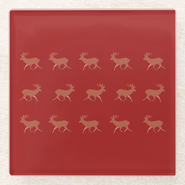 Deer Walking Festive Pattern Red Brown Background Glass Coaster (Front)