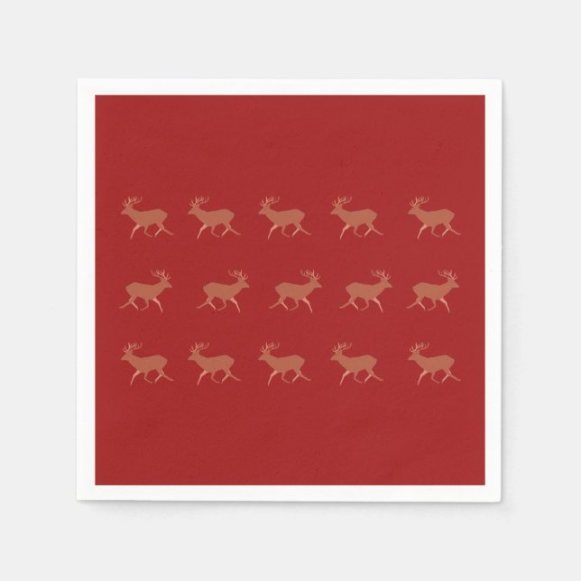 Deer Walking Festive Pattern Red Brown Background Napkin (Front)