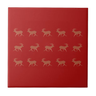 Deer Walking Festive Pattern Red Brown Ceramic Tile