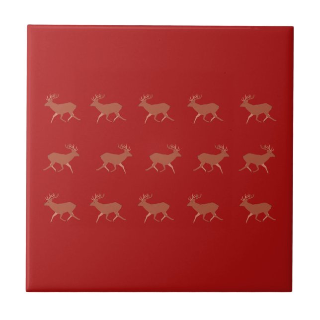 Deer Walking Festive Pattern Red Brown Ceramic Tile (Front)