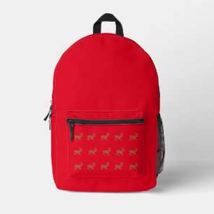 Deer Walking Nordic Pattern Red Background Printed Backpack