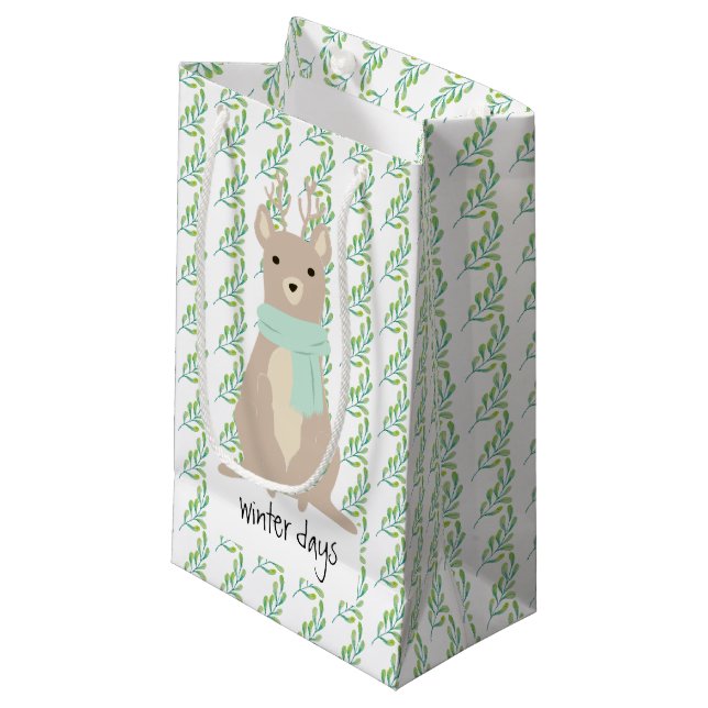 Deer Wearing A Green Scarf Small Gift Bag (Front Angled)