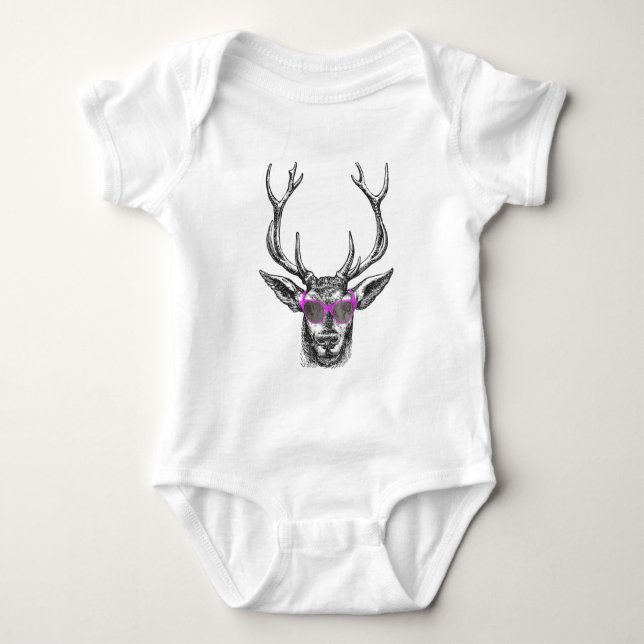 Deer wearing Pink Sunglasses Baby Bodysuit (Front)