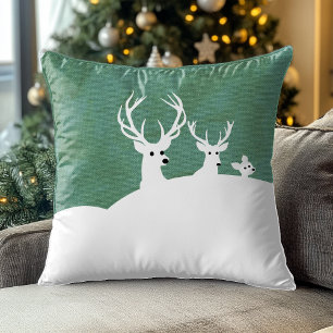 Deer White Sage Green Reindeer family Cushion