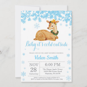 Deer Winter Blue Boy Baby Shower Snowflake Invitation