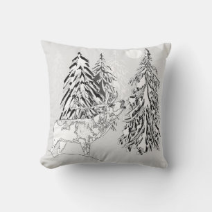 Deer , winter, forest, Christmas trees, monochrome Cushion