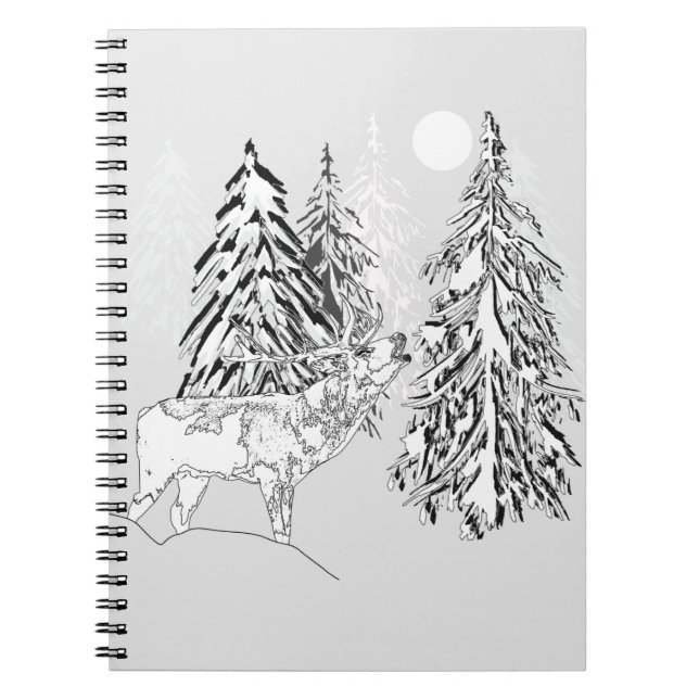 Deer , winter, forest, Christmas trees, monochrome Notebook (Front)
