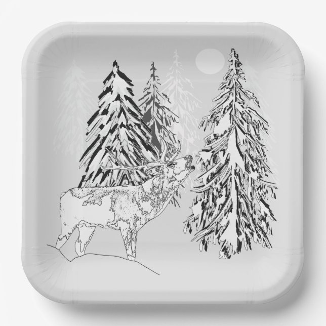 Deer , winter, forest, Christmas trees, monochrome Paper Plate (Front)