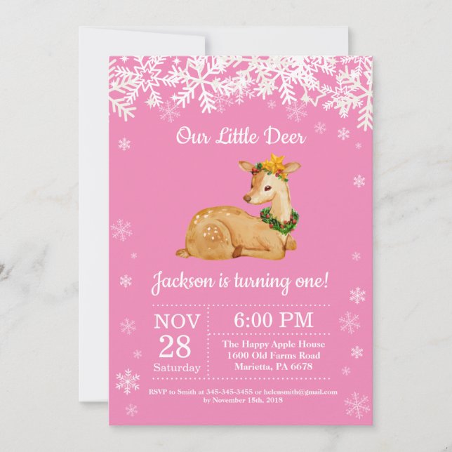 Deer Winter Girl Birthday Invitation (Front)