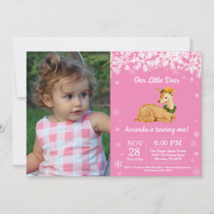 Deer Winter Girl Birthday Photo Invitation
