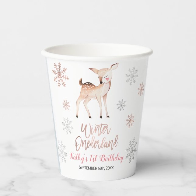 Deer Winter ONEderland 1st Birthday Rose Gold Paper Cups (Front)