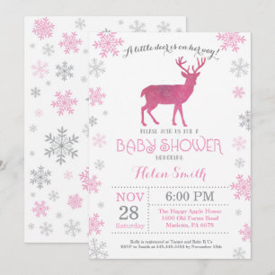 Deer Winter Pink Girl Baby Shower Snowflake Invitation