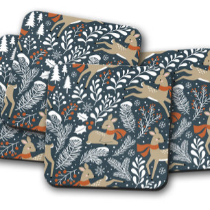 Deer Winter Snow Christmas Cork Coaster Set