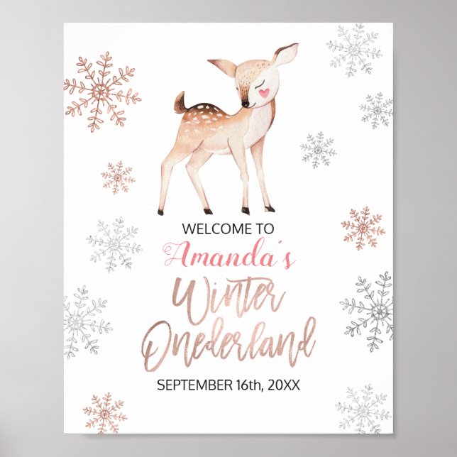 Deer Winter Snowflakes ONEderland Birthday Welcome Poster (Front)