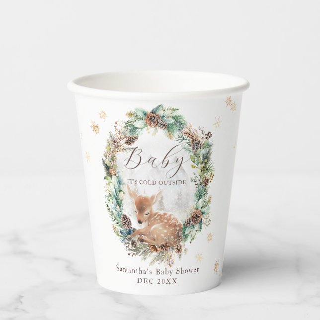 Deer Winter Woodland Cold Outside Baby Shower Paper Cups (Front)