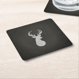 Deer With Antlers Chalk Drawing Square Paper Coaster