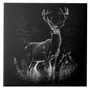Deer with antlers framed by field and tree ceramic tile