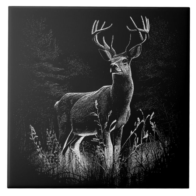 Deer with antlers framed by field and tree    ceramic tile (Front)