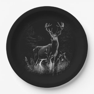 Deer with antlers framed by field and tree   paper plate
