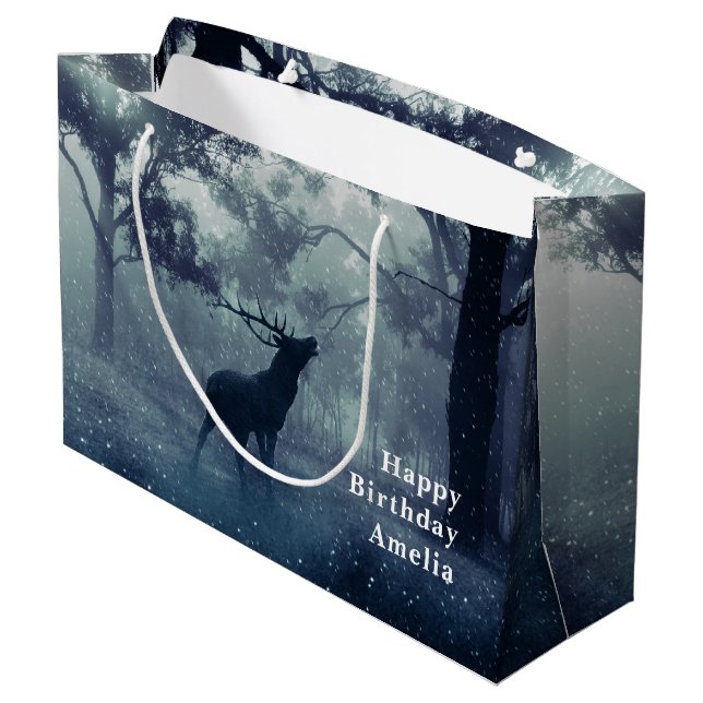 Deer with Antlers in a Shadowy Forest- Birthday Large Gift Bag (Back Angled)