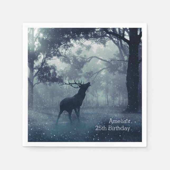 Deer with Antlers in a Shadowy Forest Birthday Napkin (Front)