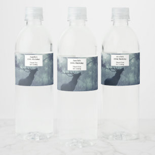 Deer with Antlers in a Shadowy Forest Birthday Water Bottle Label