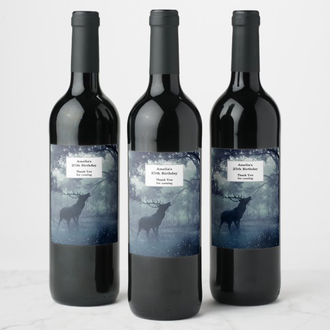 Deer with Antlers in a Shadowy Forest Birthday Wine Label (Bottles)