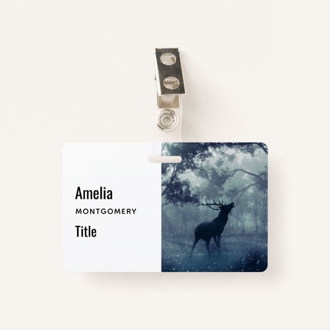 Deer with Antlers in a Shadowy Forest ID Badge (Front with Clip)
