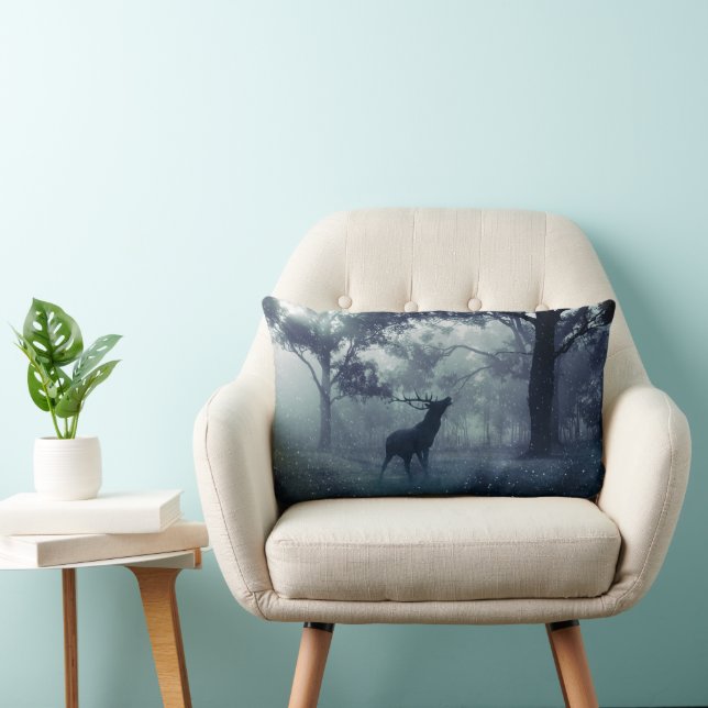 Deer with Antlers in a Shadowy Forest Lumbar Cushion (Chair)