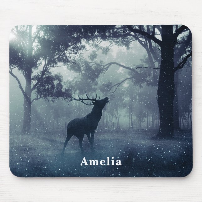 Deer with Antlers in a Shadowy Forest Mouse Pad (Front)