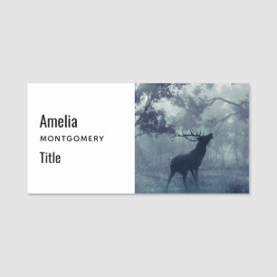 Deer with Antlers in a Shadowy Forest Name Tag