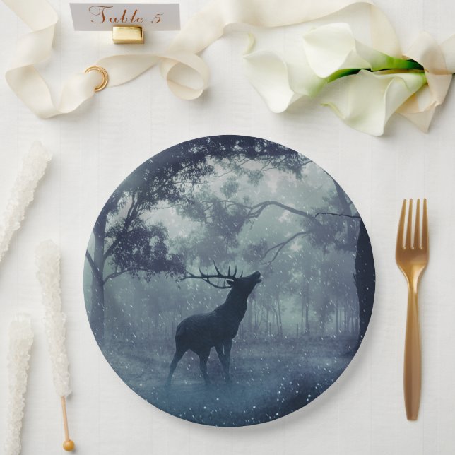 Deer with Antlers in a Shadowy Forest Paper Plate (Wedding)
