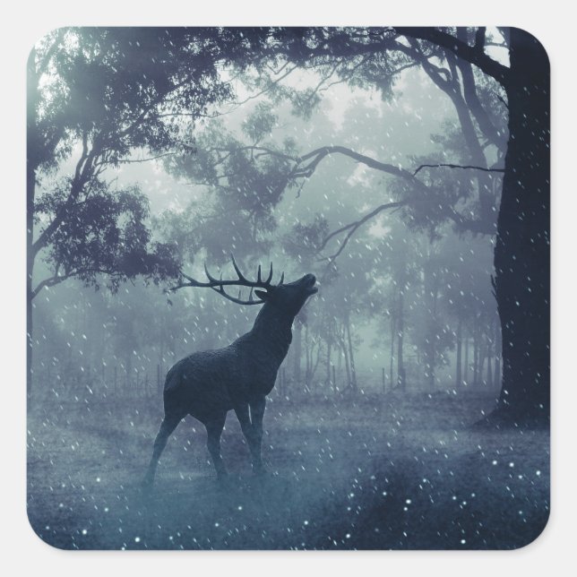 Deer with Antlers in a Shadowy Forest Square Sticker (Front)