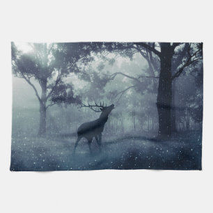 Deer with Antlers in a Shadowy Forest Tea Towel