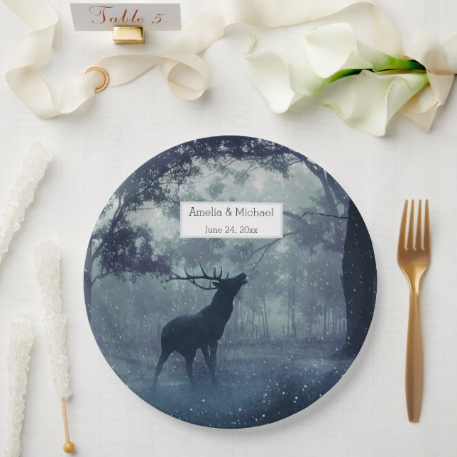 Deer with Antlers in a Shadowy Forest - Wedding Paper Plate (Wedding)