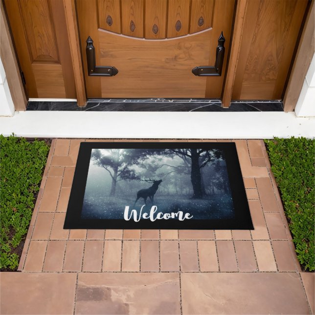 Deer with Antlers in a Shadowy Forest Welcome Doormat (Outdoor)