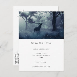 Deer with Antlers in Shadowy Forest Wedding Announcement Postcard