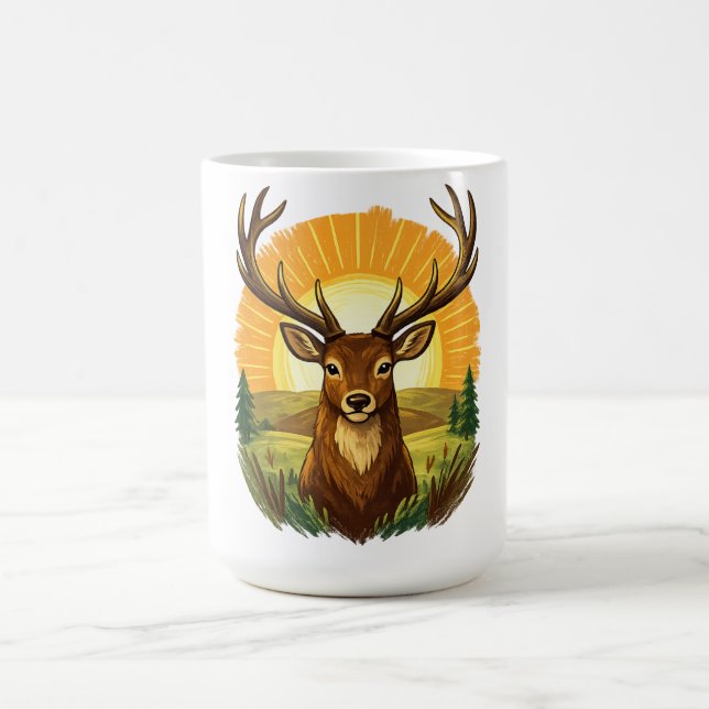 Deer with Antlers Sunset Forest Hunter Gift Coffee Mug (Center)