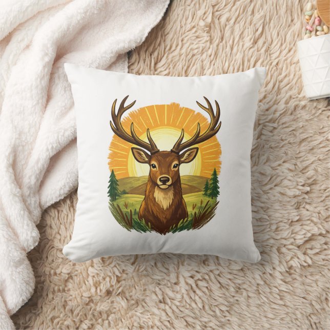Deer with Antlers Sunset Forest Hunter Gift Cushion (Blanket)